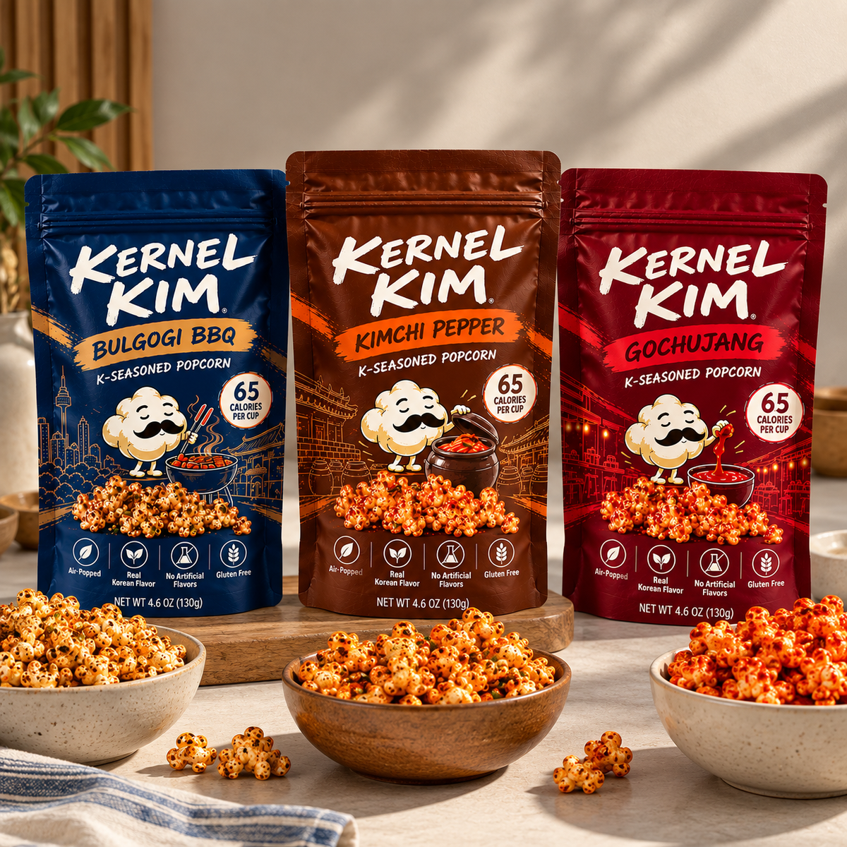 Kernel Kim K-Seasoned Popcorn 3-Pack Bundle — Bulgogi BBQ, Kimchi Pepper, and Gochujang 130g bags with seasoned popcorn bowls