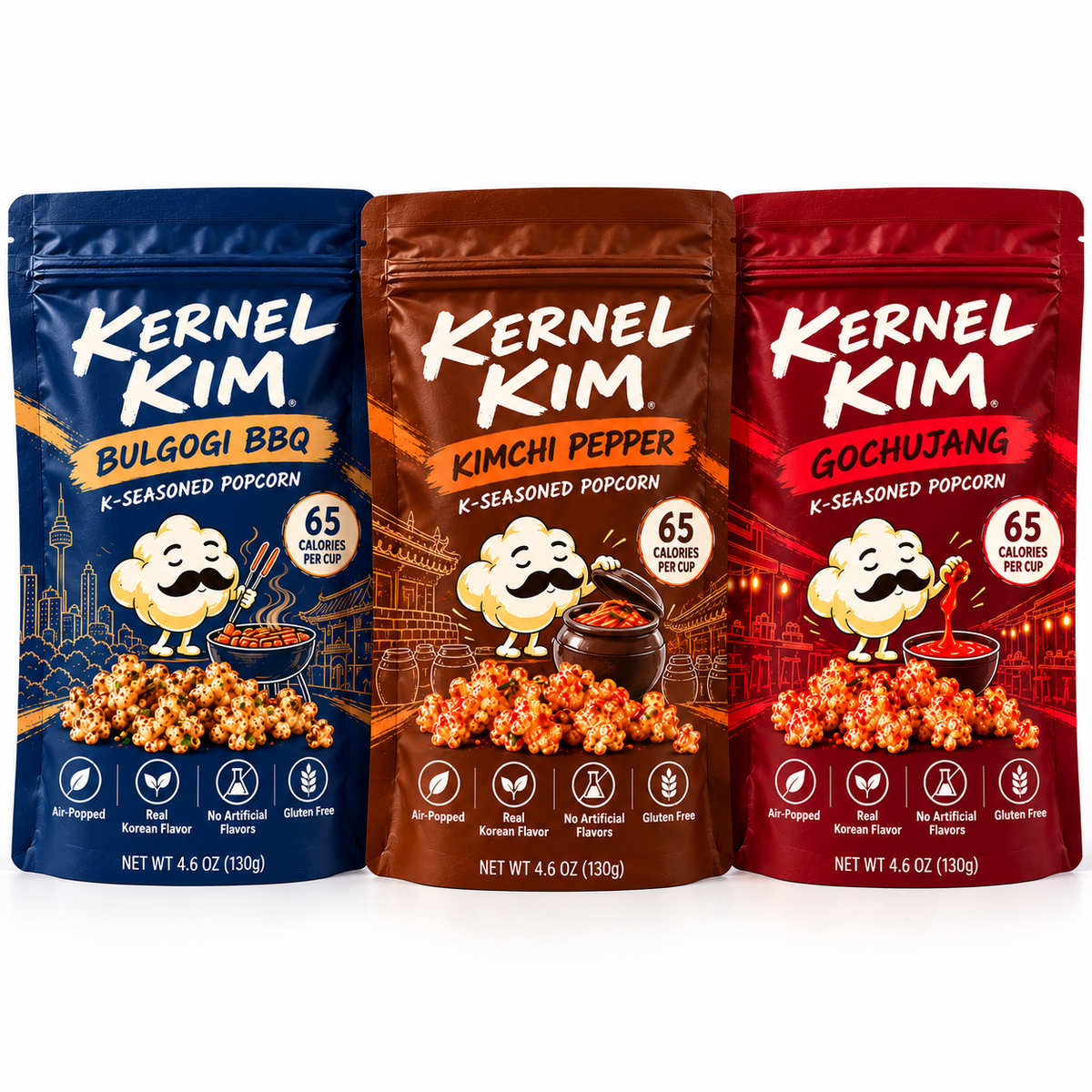 Kernel Kim K-Seasoned Popcorn 3-Pack Bundle alternate view featuring Bulgogi BBQ, Kimchi Pepper, and Gochujang bags
