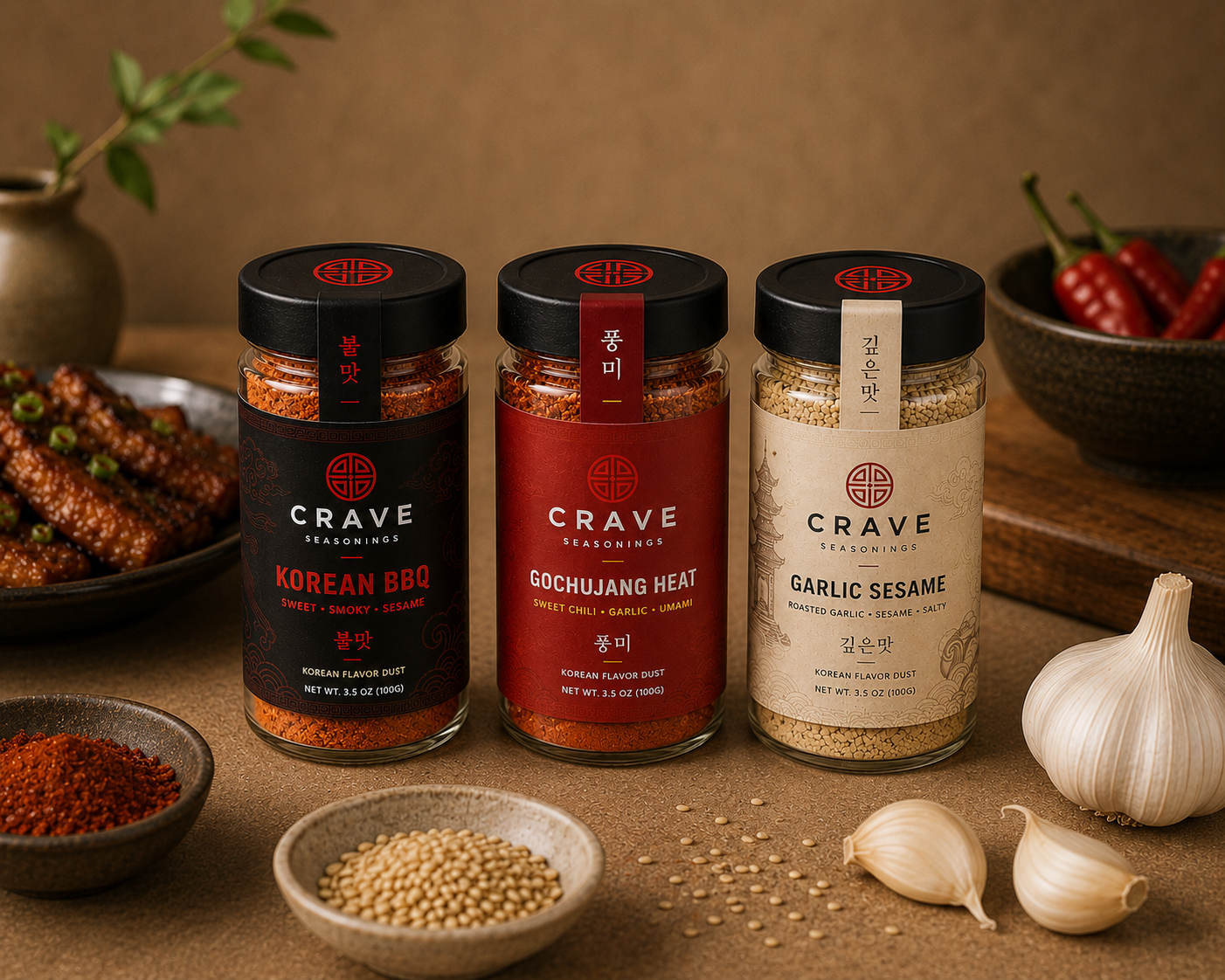 Crave Grocer 3-pack Korean seasoning bundle with Korean BBQ, Gochujang, and Garlic Sesame bottles