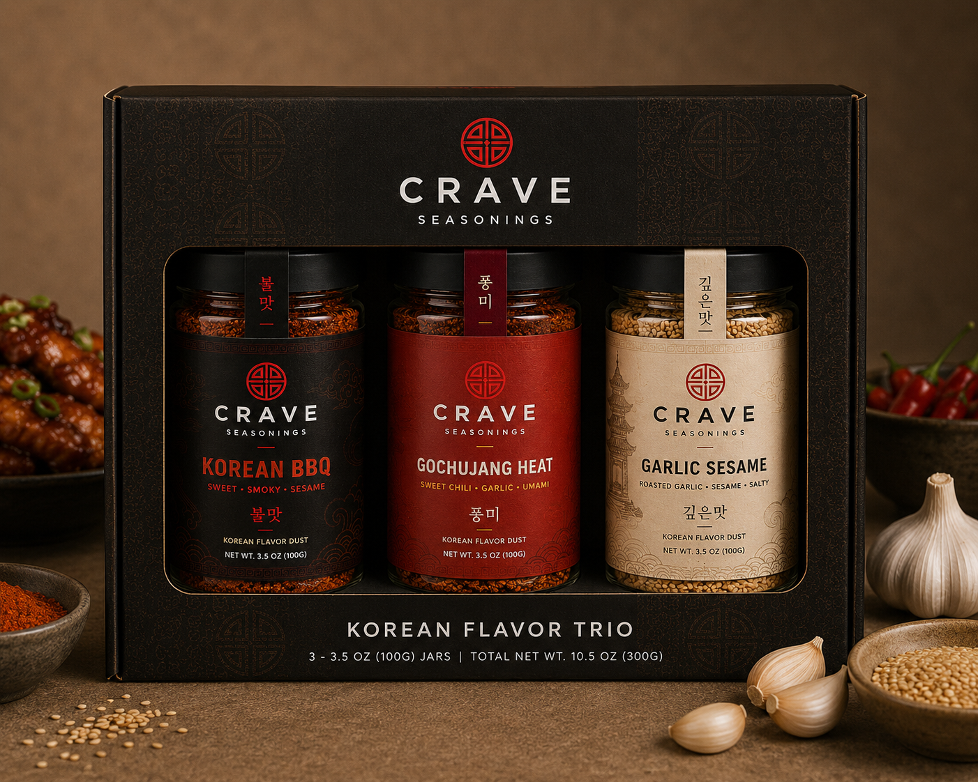Three Crave Grocer Korean seasoning bottles arranged together — Korean BBQ, Gochujang, Garlic Sesame