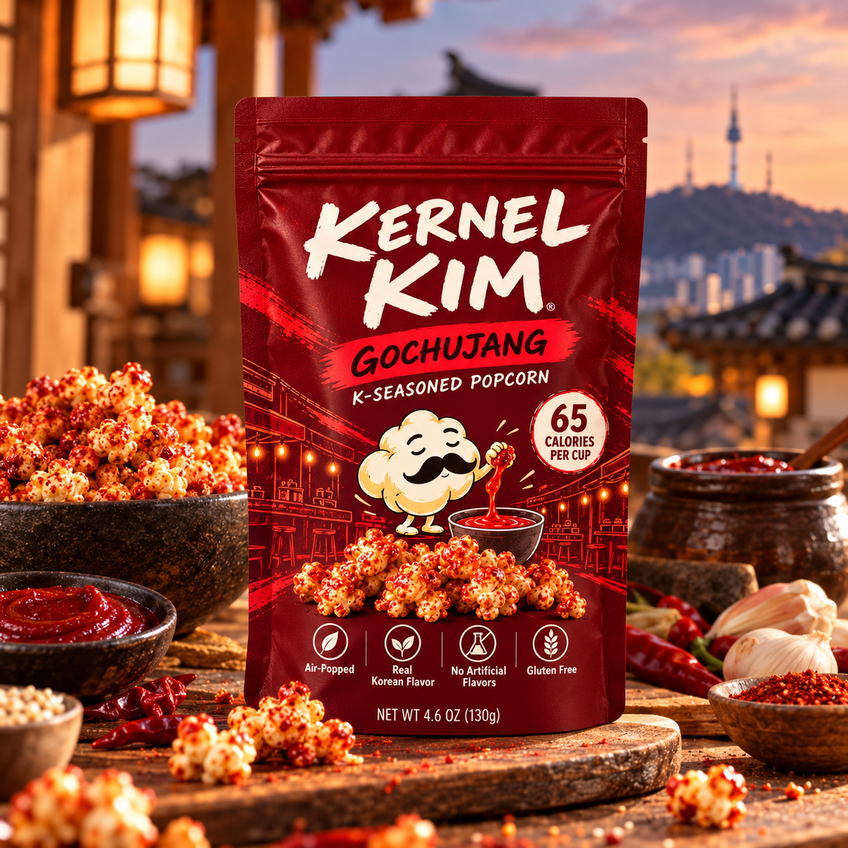 Kernel Kim Gochujang Popcorn pouch close-up showing sweet chili seasoning details