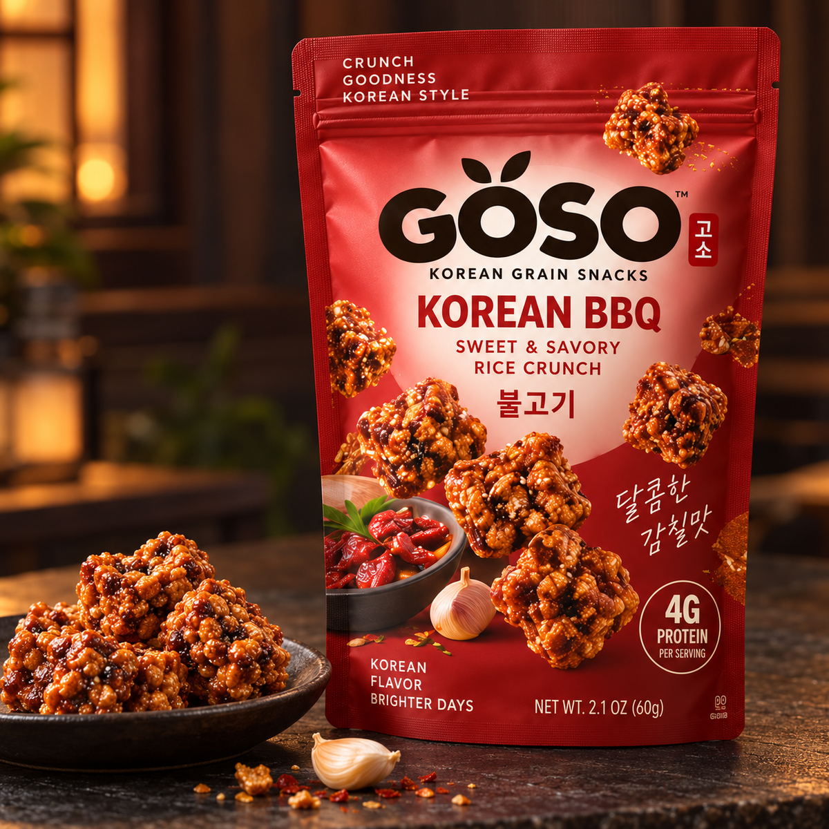 GÖSO Korean BBQ Korean grain snack pouch lifestyle shot with savory seasoned grain crunch