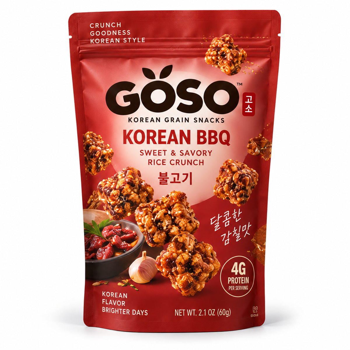 GÖSO Korean BBQ Korean Grain Snack pouch — sweet and savory umami grain crunch, 4g protein, 2.1 oz