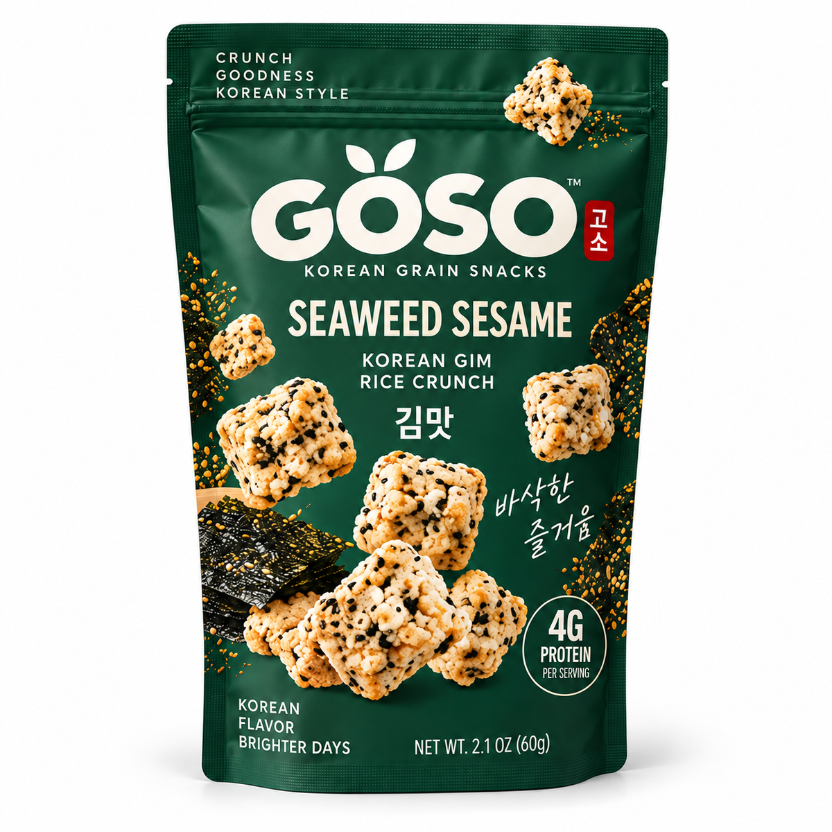GÖSO Seaweed Sesame Korean Grain Snack pouch — savory Korean gim with sesame rice crunch, 4g protein, 2.1 oz