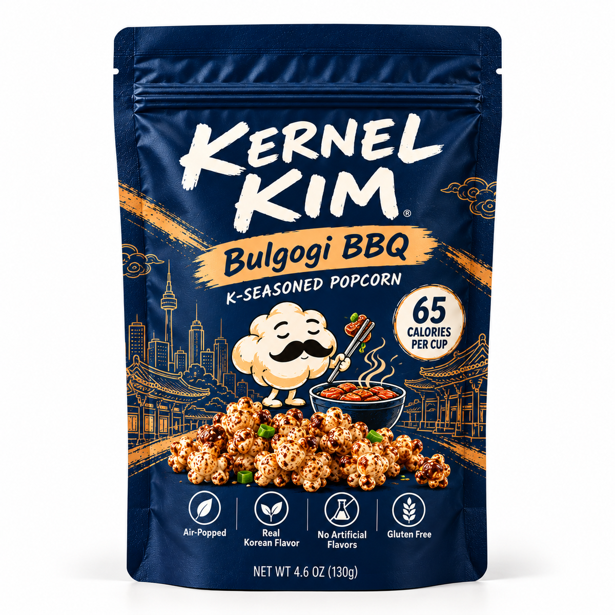 Kernel Kim Bulgogi BBQ K-Seasoned Popcorn bag — sweet soy and smoky grill seasoned popcorn, 130g