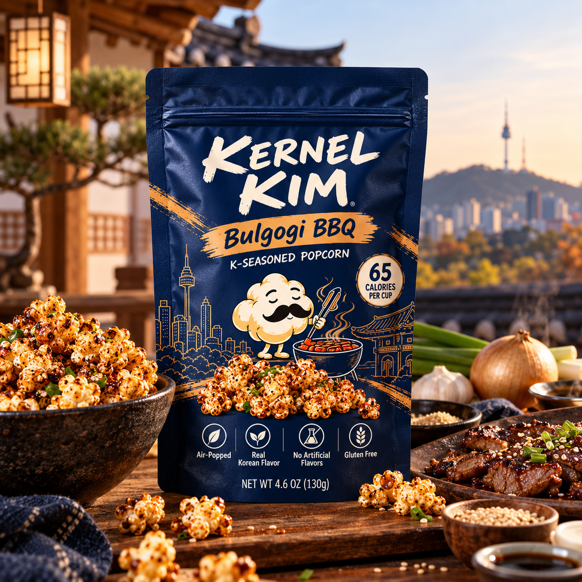 Kernel Kim Bulgogi BBQ Popcorn pouch close-up showing Korean BBQ seasoning details