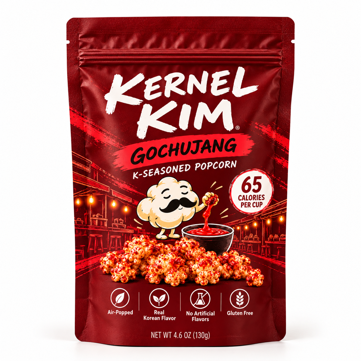 Kernel Kim Gochujang K-Seasoned Popcorn bag — sweet chili heat and garlic umami seasoned popcorn, 130g