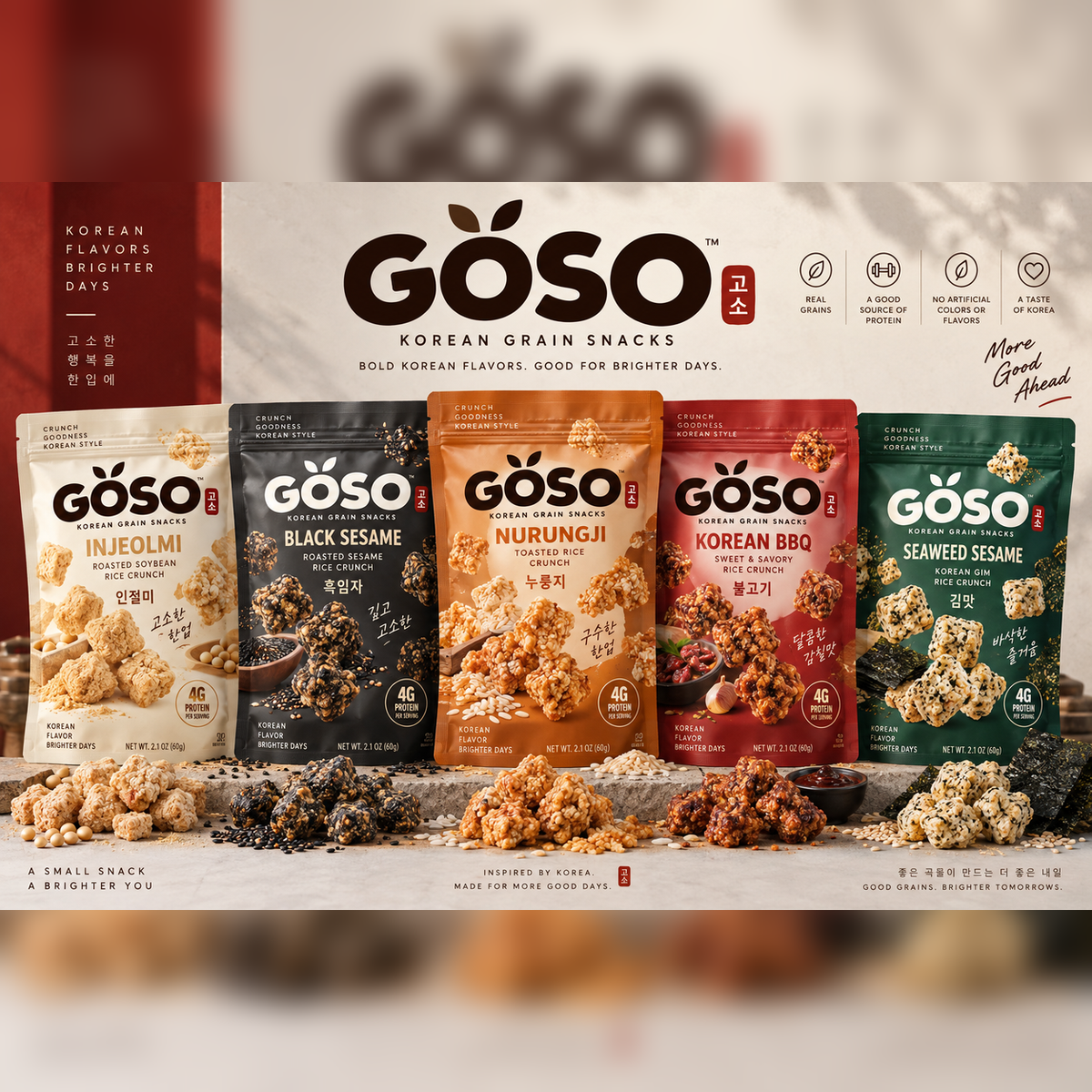GÖSO Korean Grain Snacks square packshot with all five flavors and loose grain snack clusters