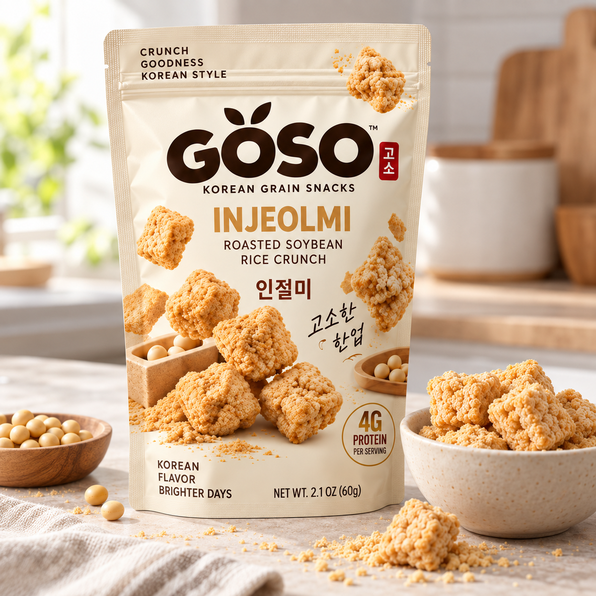 GÖSO Injeolmi Korean grain snack pouch lifestyle bowl with roasted soybean rice crunch