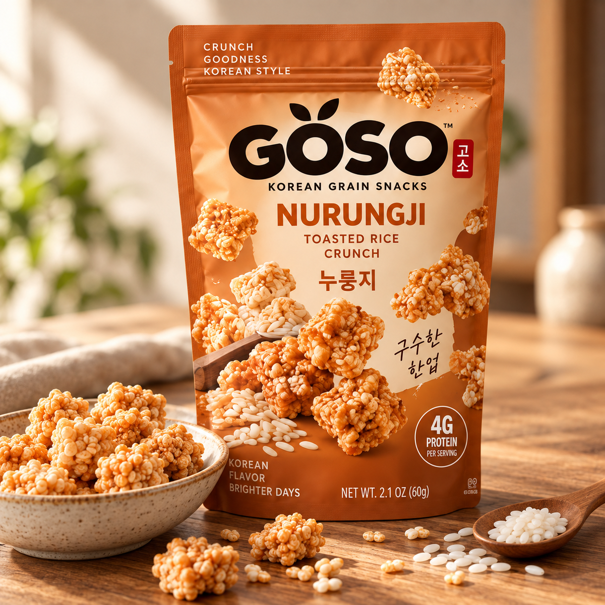 GÖSO Nurungji Korean grain snack pouch lifestyle shot with golden toasted rice clusters