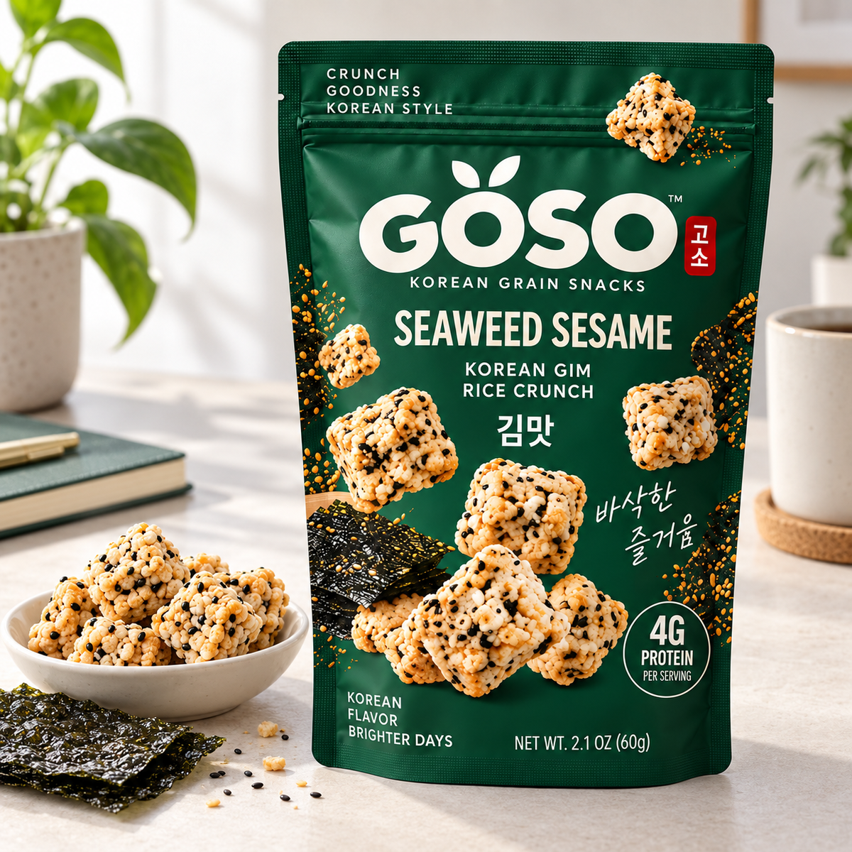 GÖSO Seaweed Sesame Korean grain snack pouch lifestyle shot with Korean gim and roasted sesame grain clusters