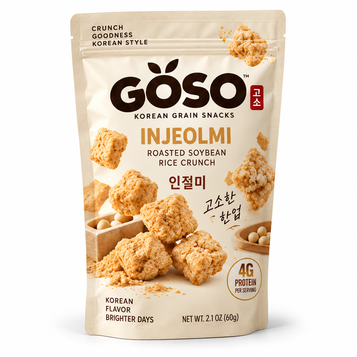 GÖSO Injeolmi Korean Grain Snack pouch — roasted soybean rice crunch, 4g protein, 2.1 oz