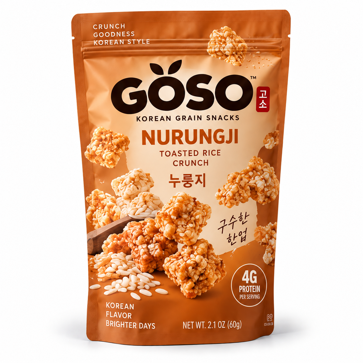 GÖSO Nurungji Korean Grain Snack pouch — toasted rice crunch, 4g protein, 2.1 oz