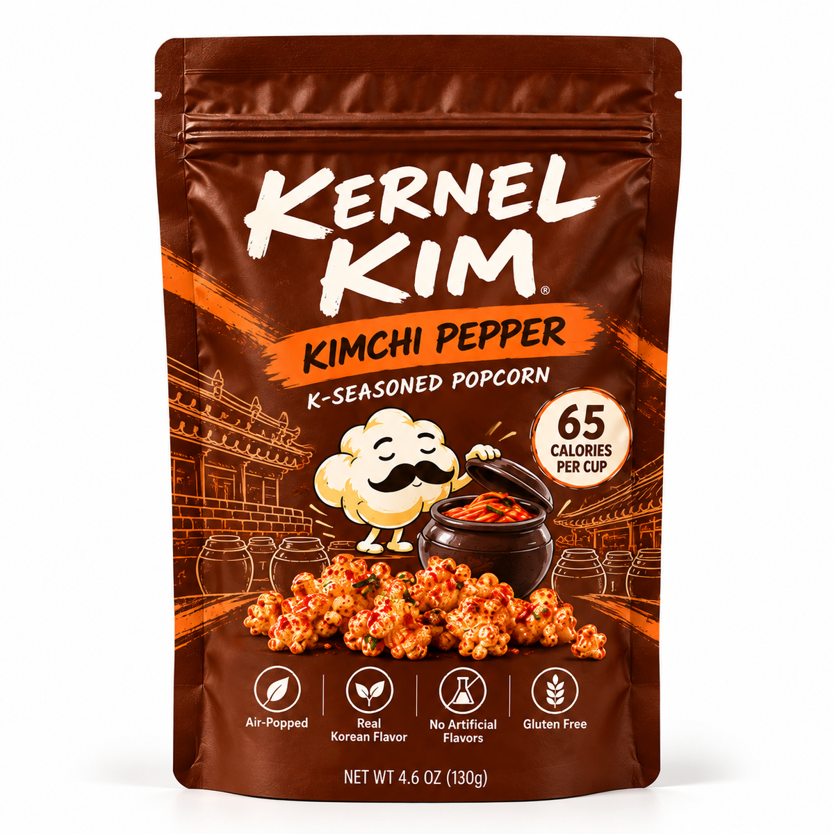 Kernel Kim Kimchi Pepper K-Seasoned Popcorn bag — bright gochugaru and tangy kimchi seasoned popcorn, 130g